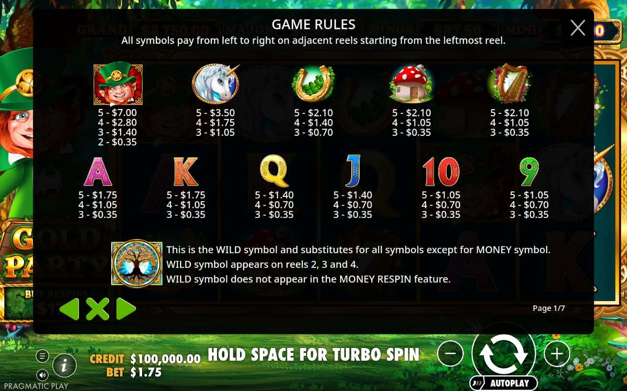 Gold Party information screen