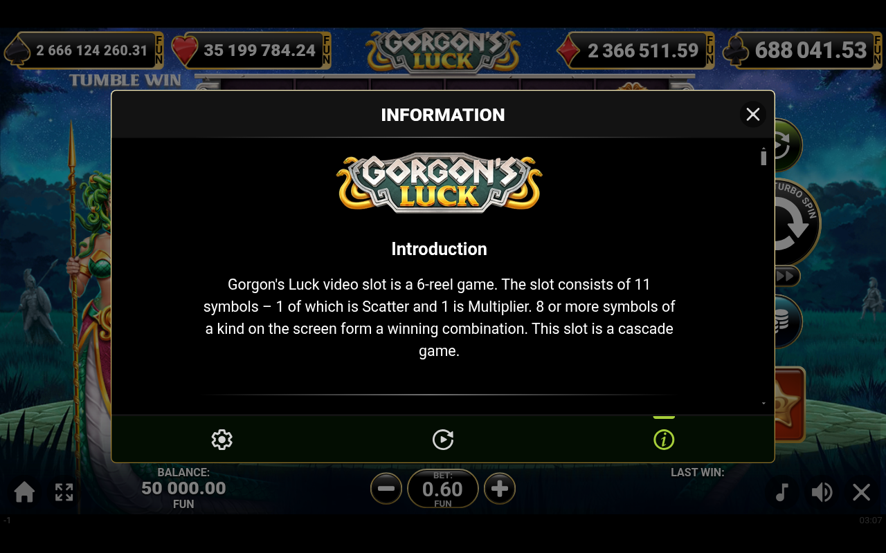Gorgon's Luck information screen
