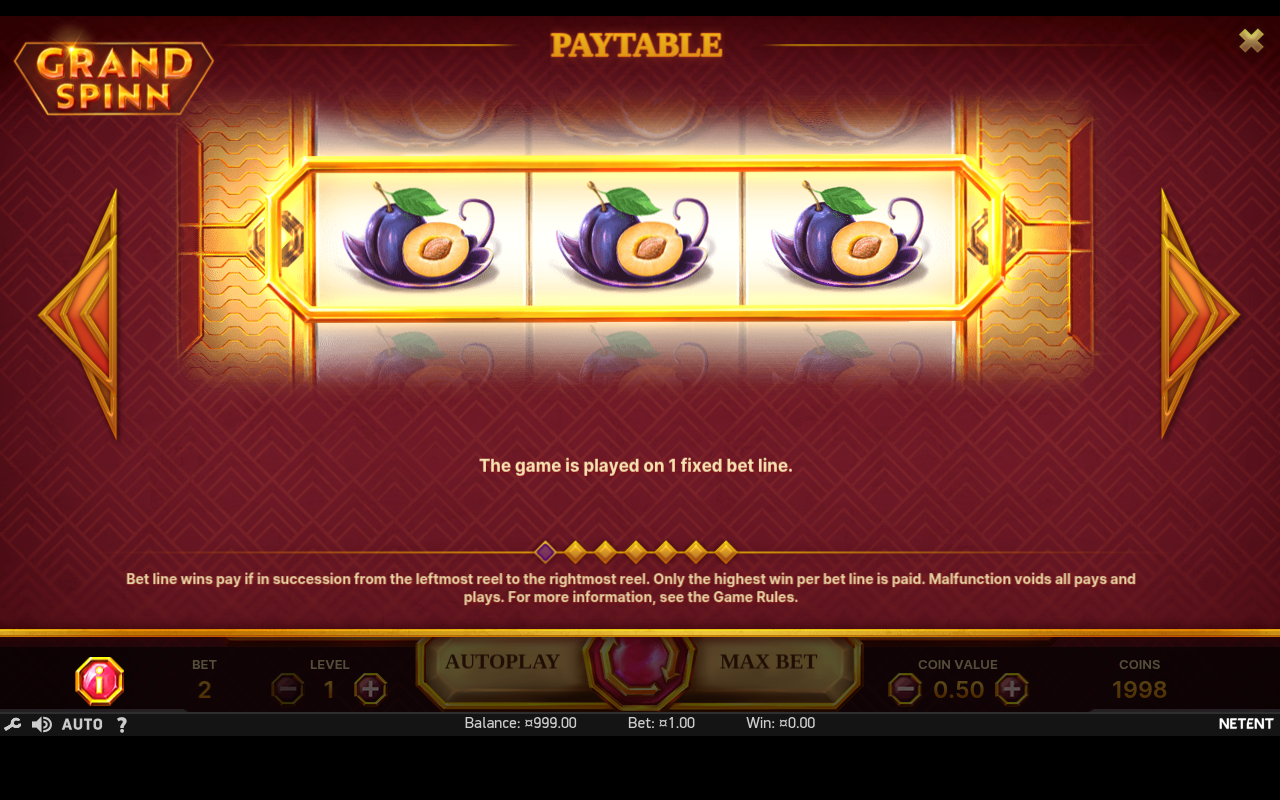 Grand Spinn information screen