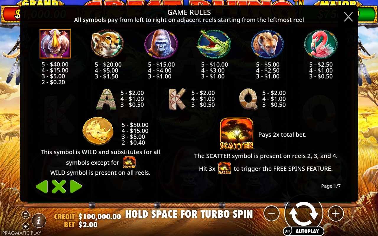 Great Rhino Deluxe information screen