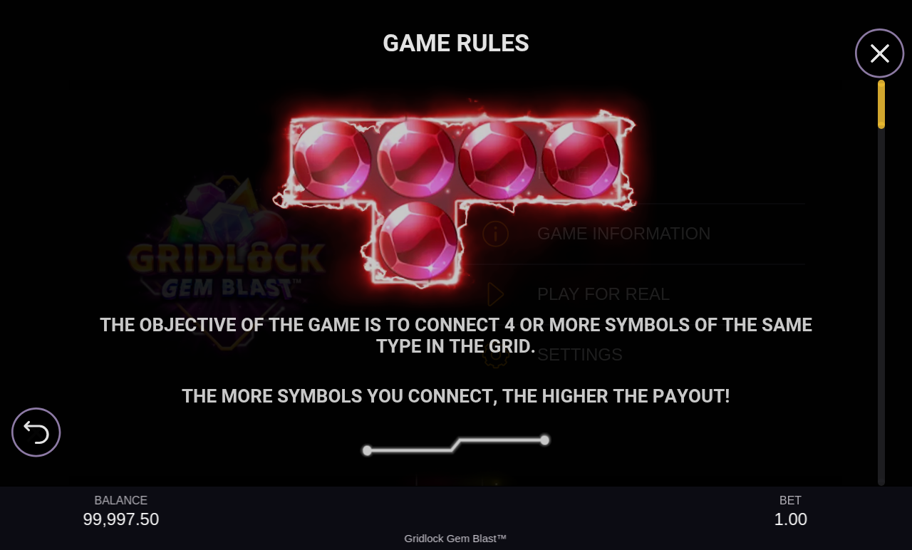 Gridlock Gem Blast information screen