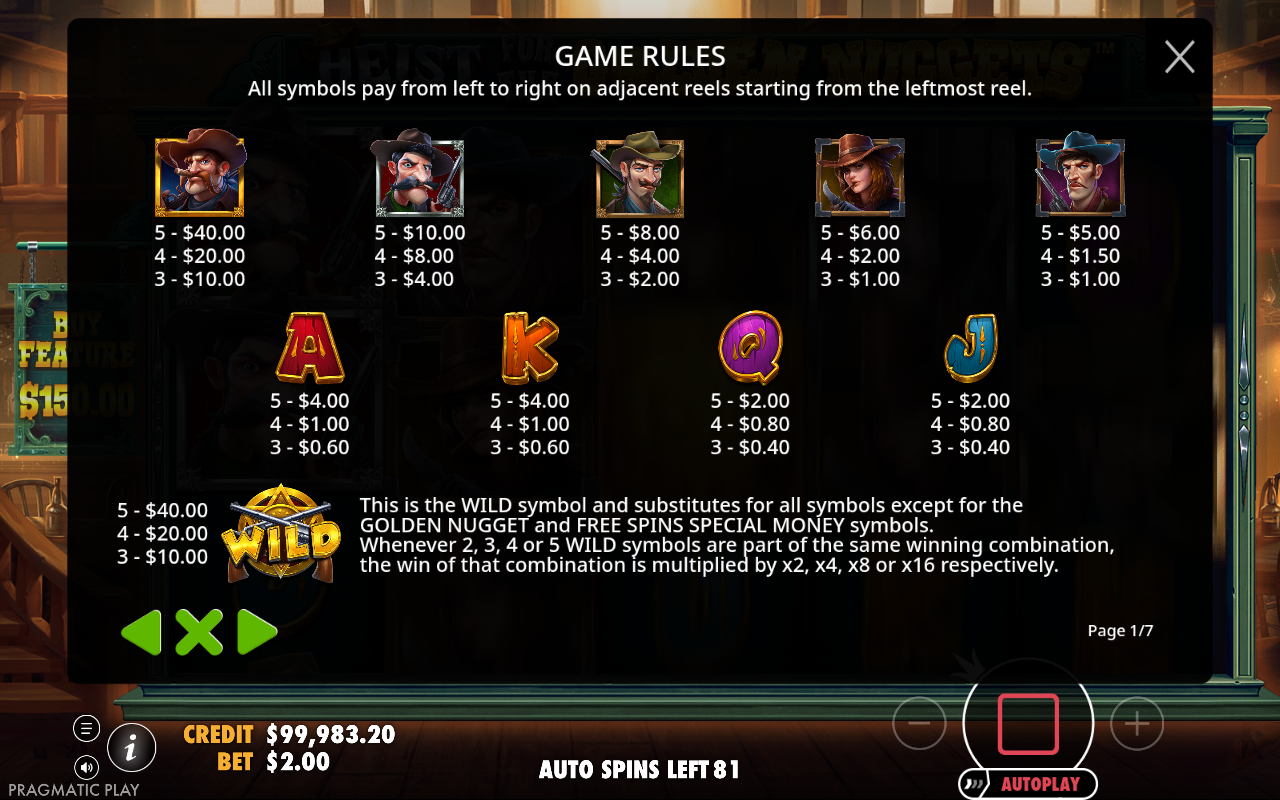 Heist for the Golden Nuggets wild symbol rules
