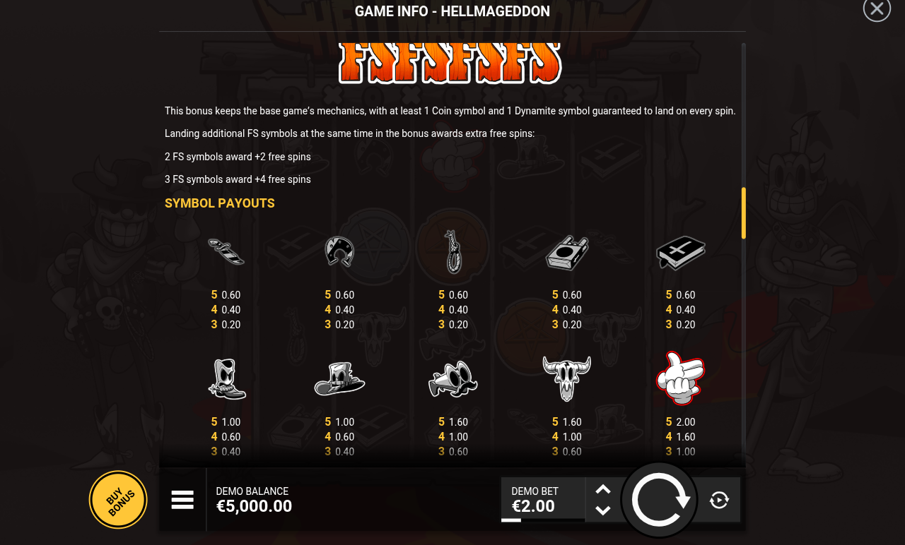 Hellmageddon symbol payouts information screen