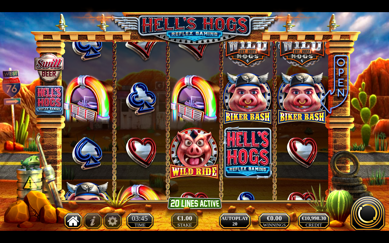 Hell’s Hogs gameplay with wild and Biker Bash symbols