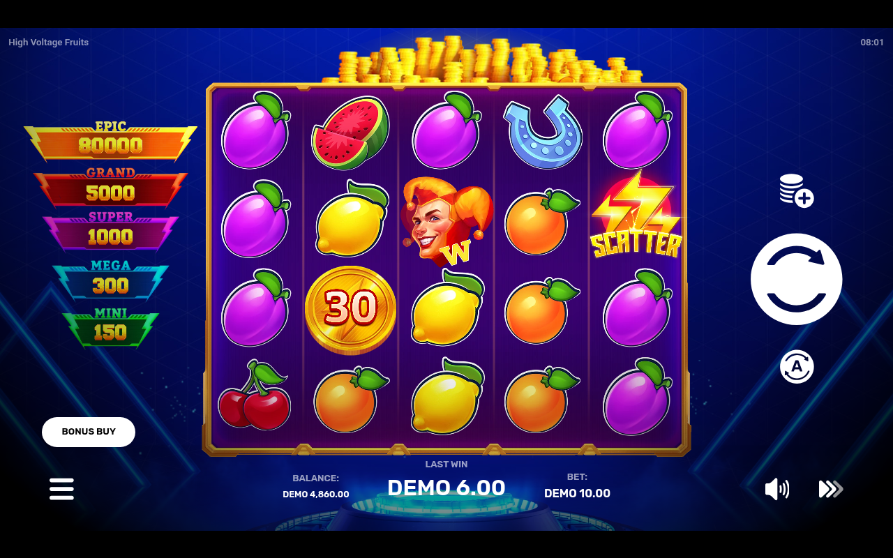 High Voltage Fruits gameplay with bonus coin symbol