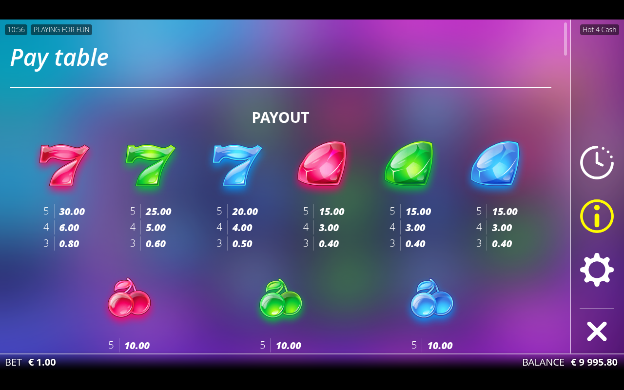 Hot 4 Cash information screen