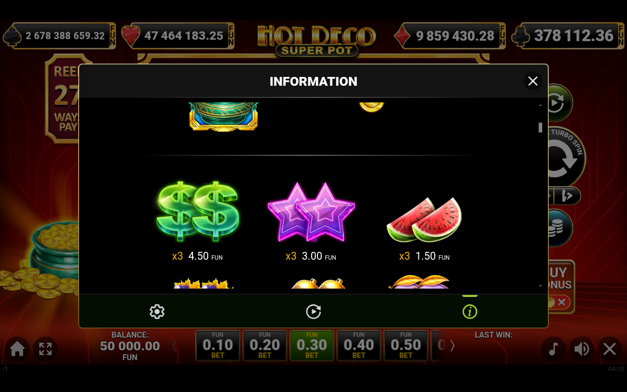 Hot Deco Super Pot information screen