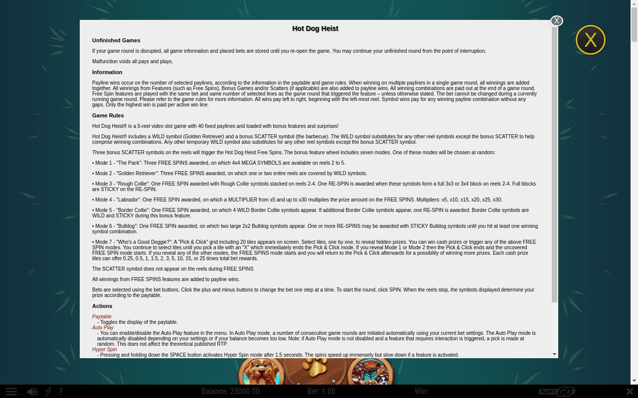 Hot Dog Heist information screen