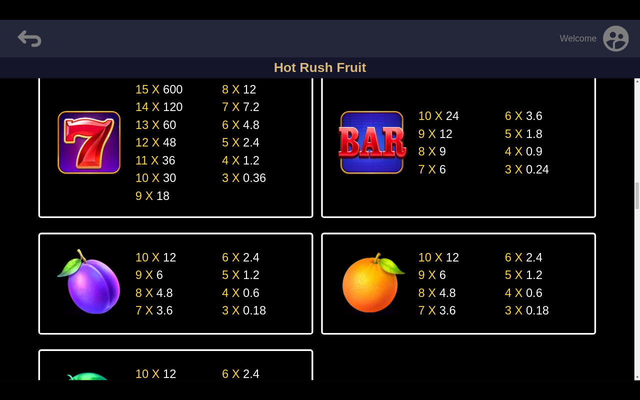 Hot Rush Fruit information screen