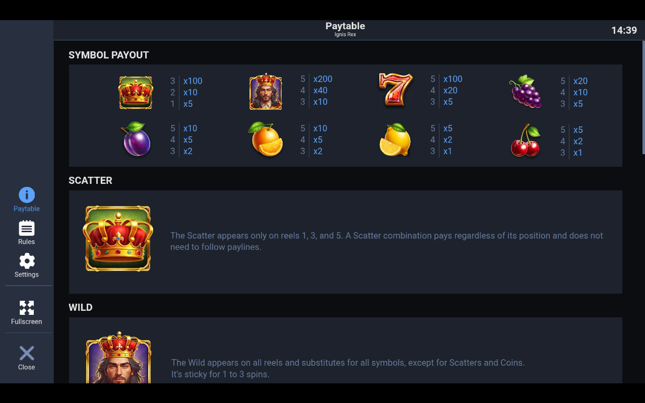 Ignis Rex information screen