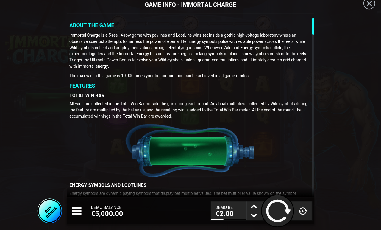 Immortal Charge information screen