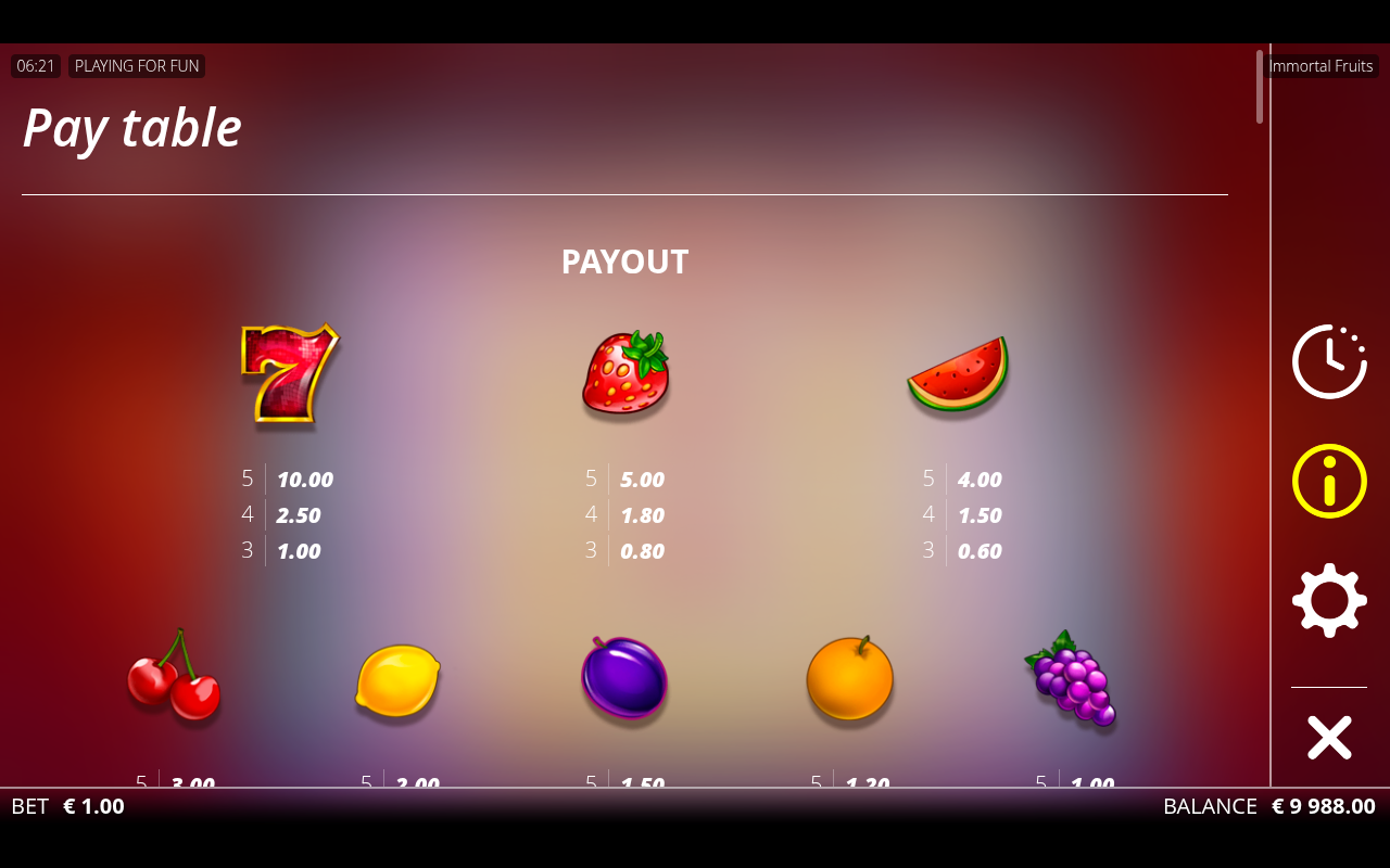 Immortal Fruits paytable and win lines