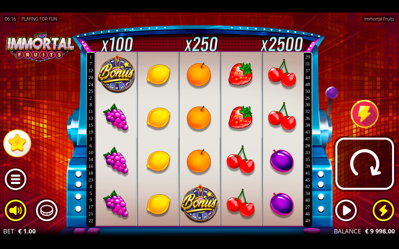 Immortal Fruits gameplay with xWheel jackpots banner