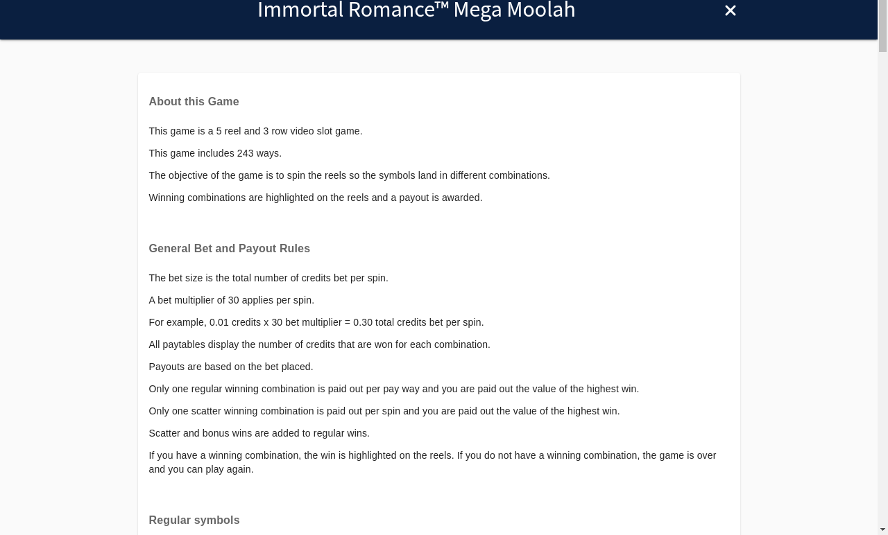 Immortal Romance Mega Moolah information screen