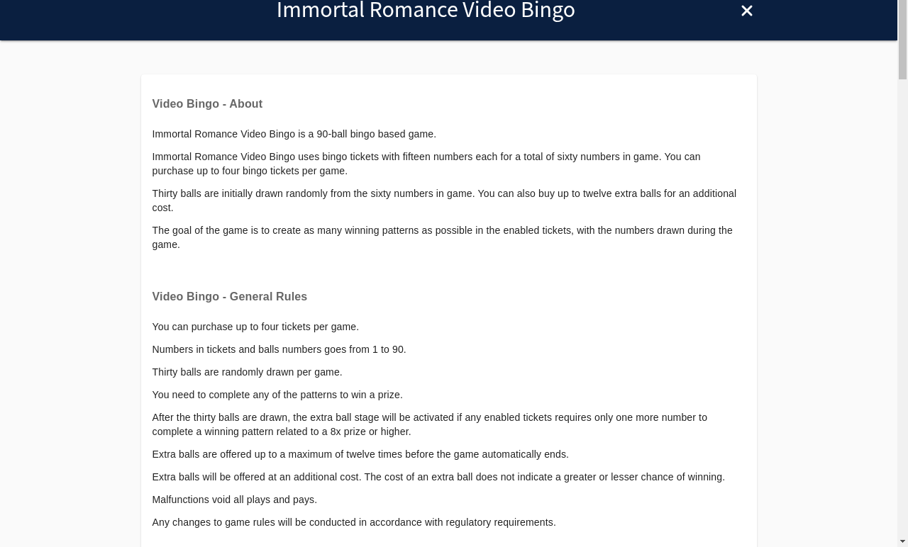 Immortal Romance Video Bingo information screen