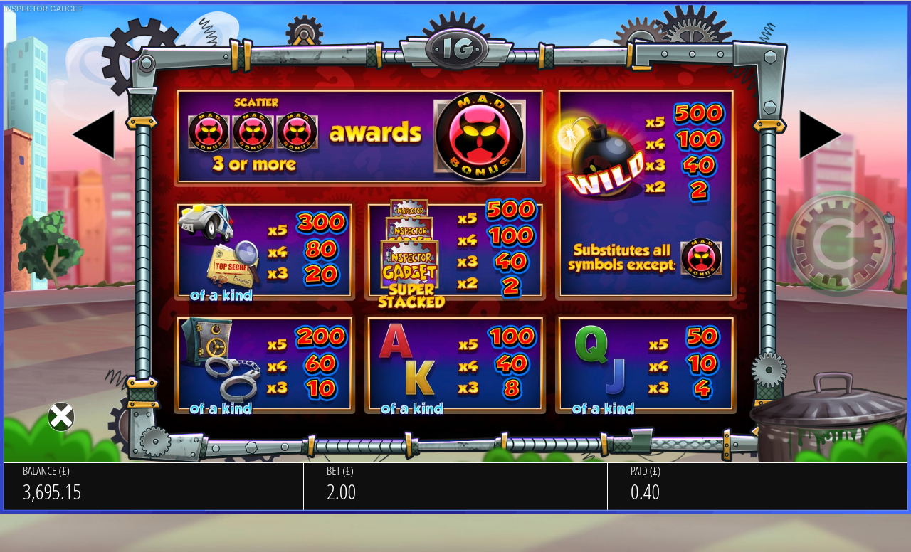 Inspector Gadget GO GO Gadget Spin information screen