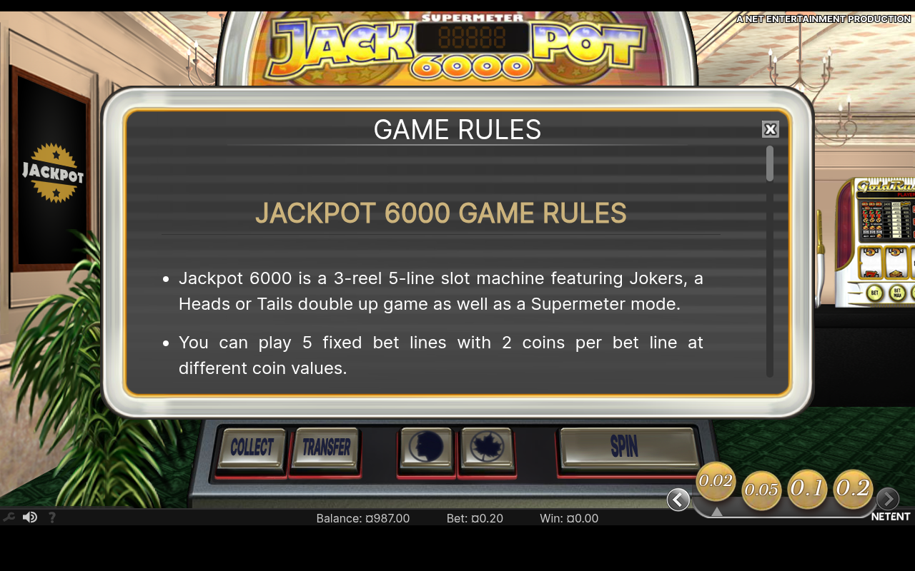 Jackpot 6000 information screen