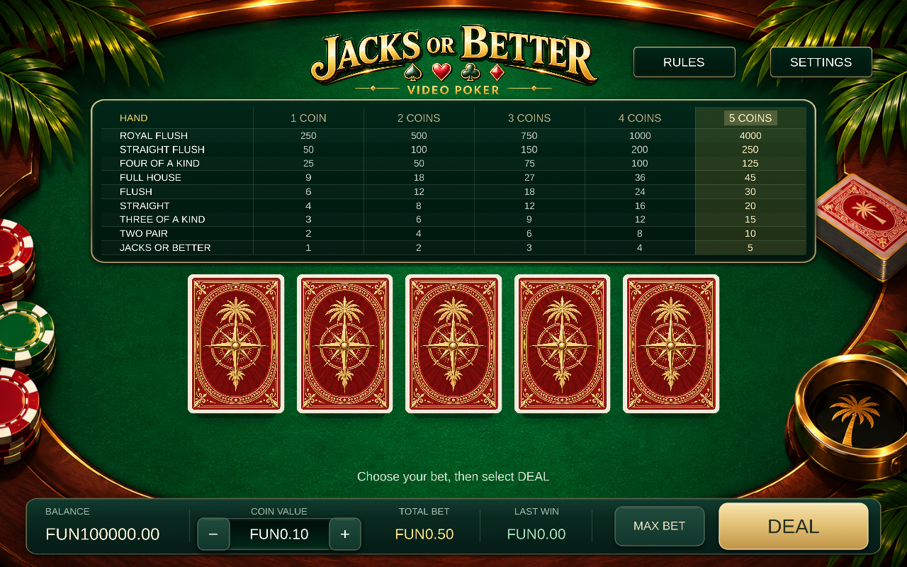 Jacks or Better information screen
