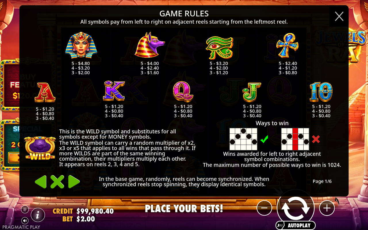 Jewels of Ra information screen showing ways to win and synchronized reels
