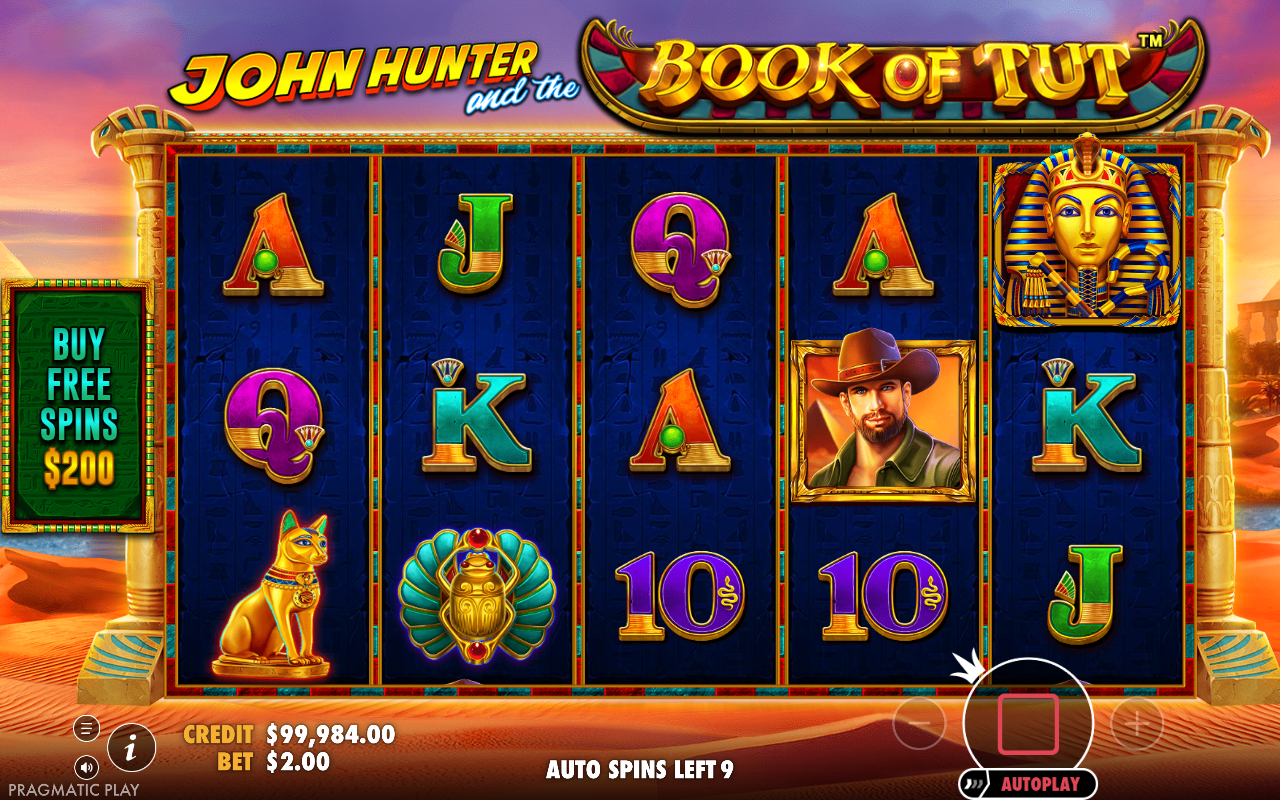 John Hunter and the Book of Tut gameplay showing the Book of Tut wild symbol