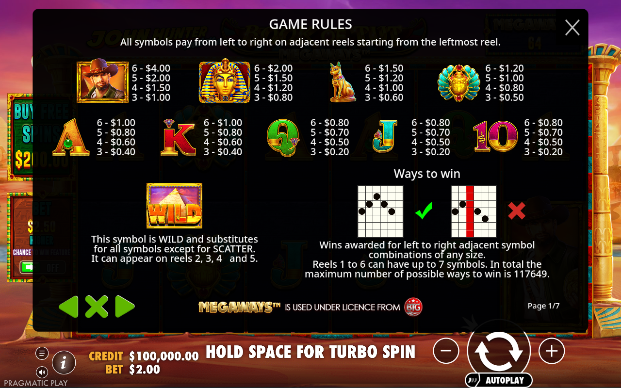 John Hunter and the Book of Tut Megaways payways rules screen