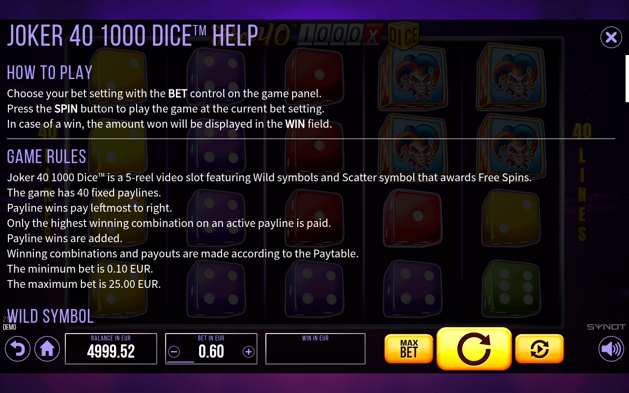 Joker 40 1000 Dice information screen