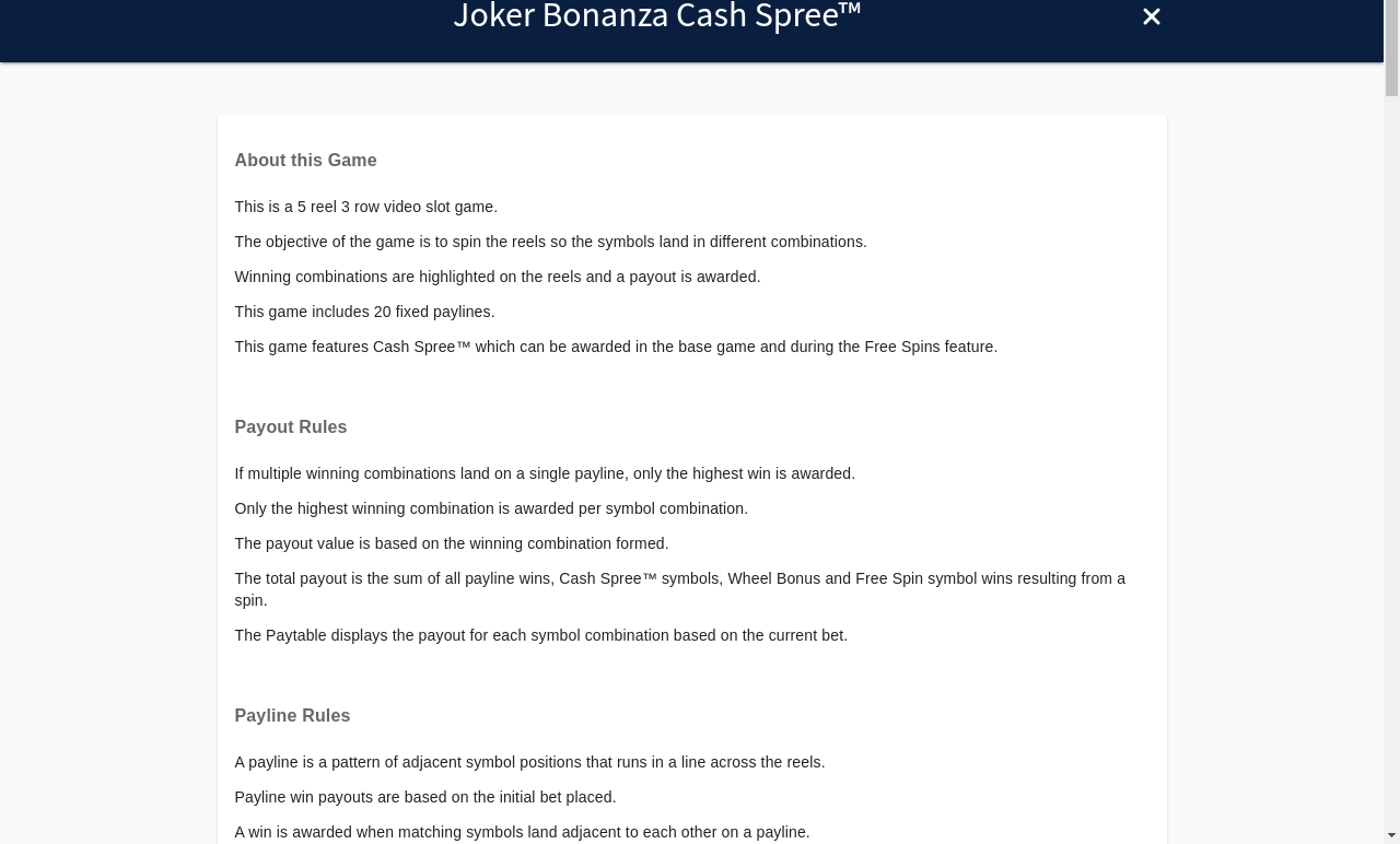 Joker Bonanza Cash Spree information screen