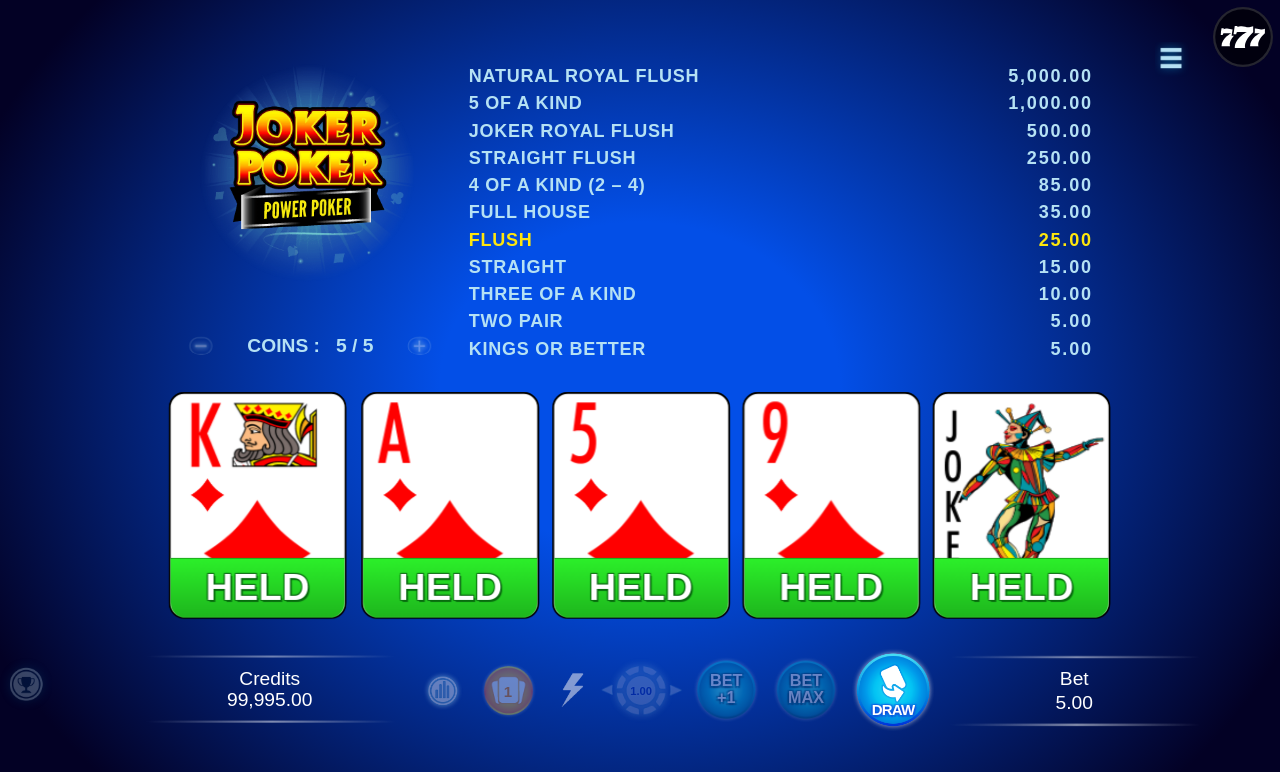 Joker Poker - Power Poker gameplay showing a Flush win with a held Joker