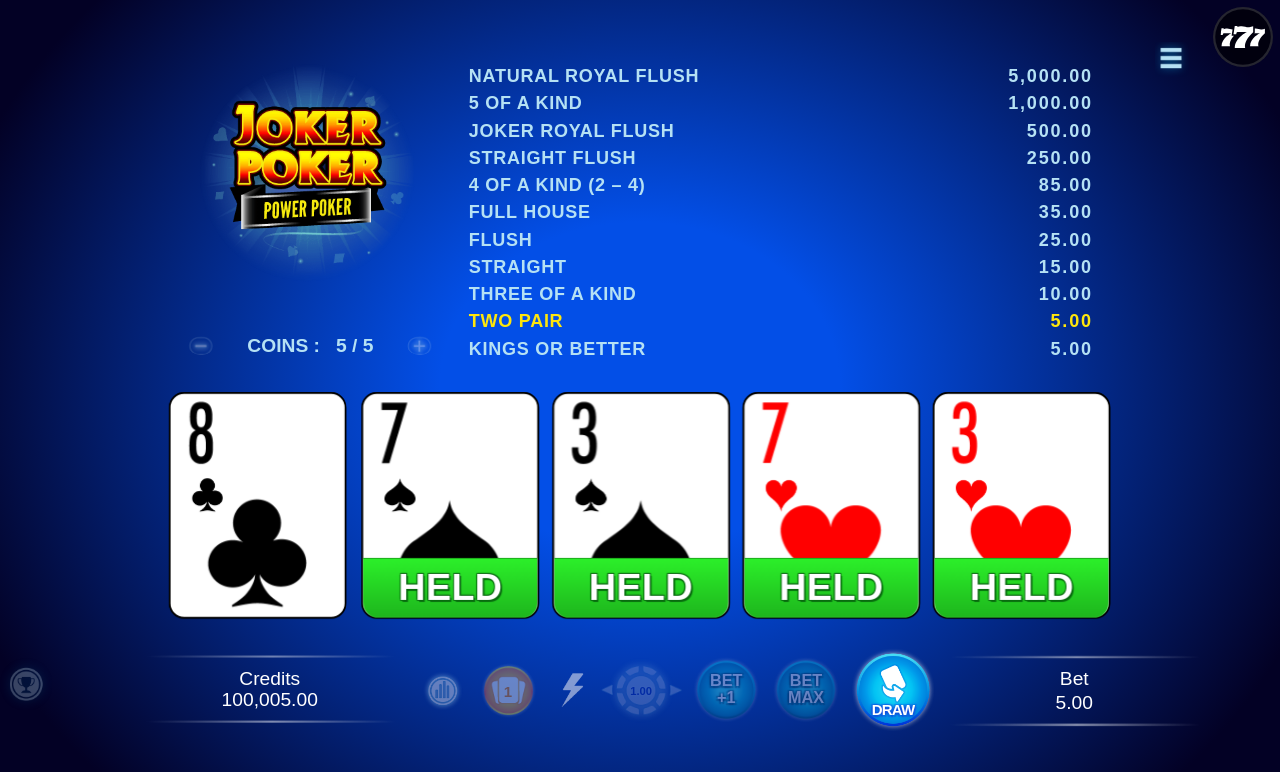 Joker Poker - Power Poker gameplay showing a Two Pair win