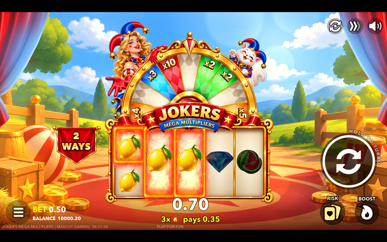 Joker's Mega Multipliers gameplay with Risk and Boost buttons