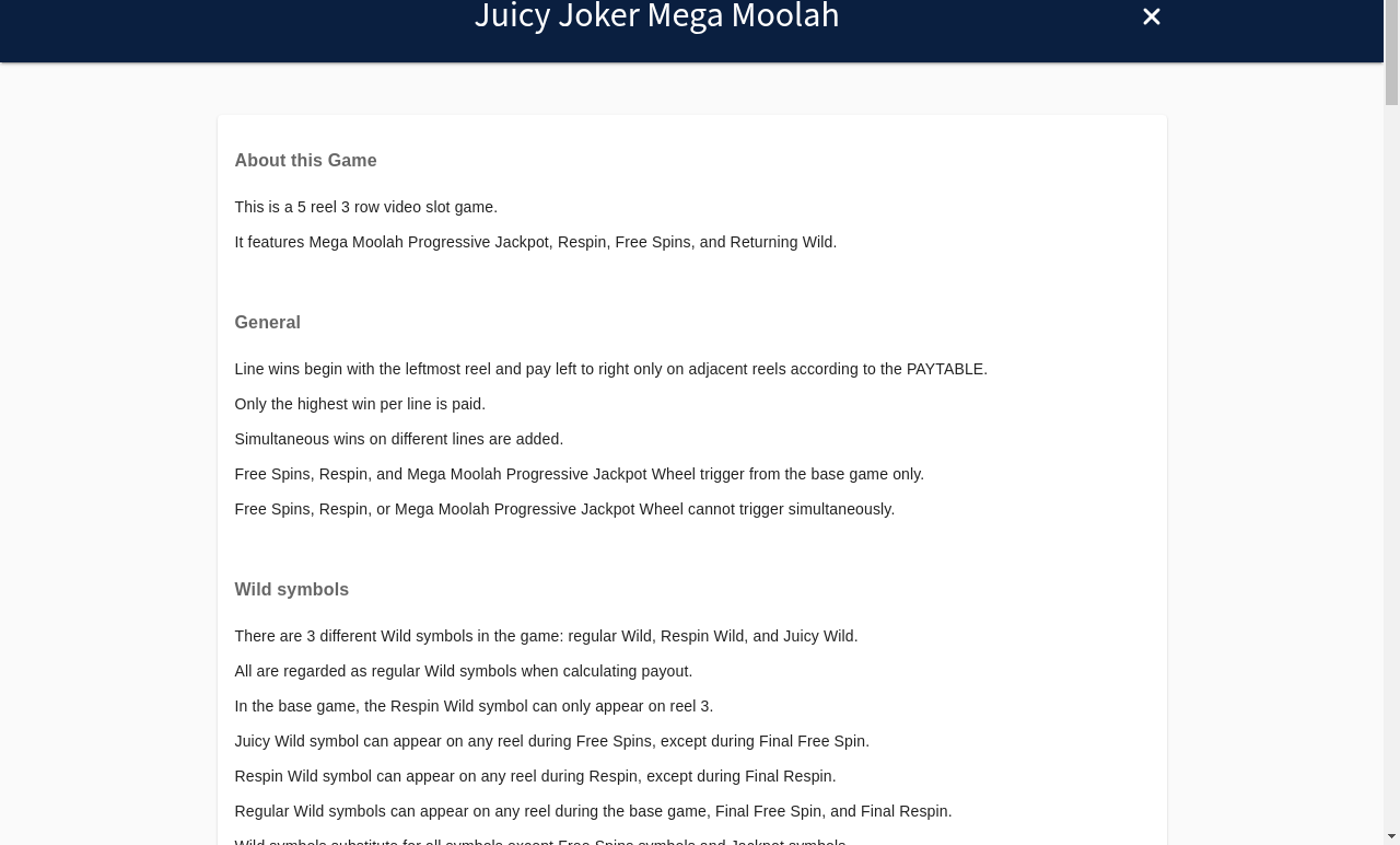 Juicy Joker Mega Moolah information screen