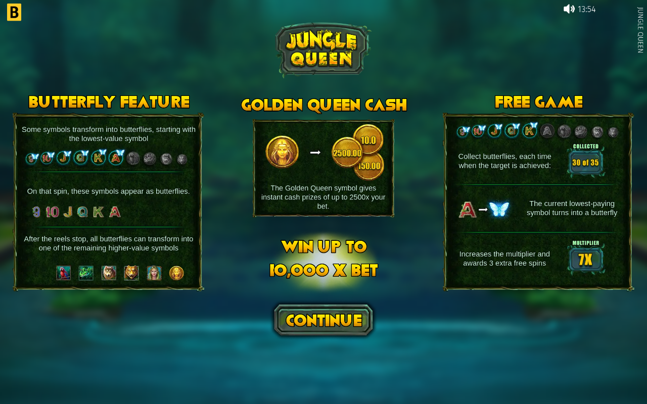 Jungle Queen Butterfly Feature and Golden Queen Cash rules