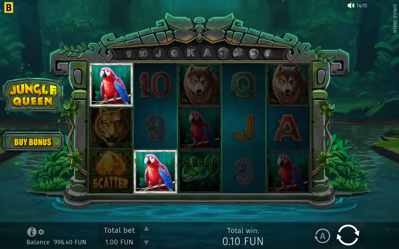 Jungle Queen gameplay with a parrot symbol win