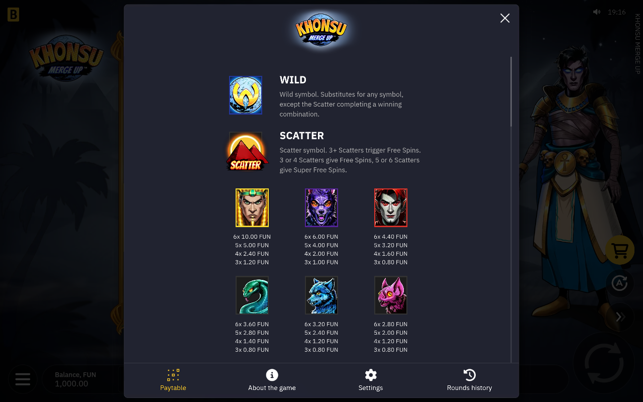 Khonsu Merge Up wild and scatter rules