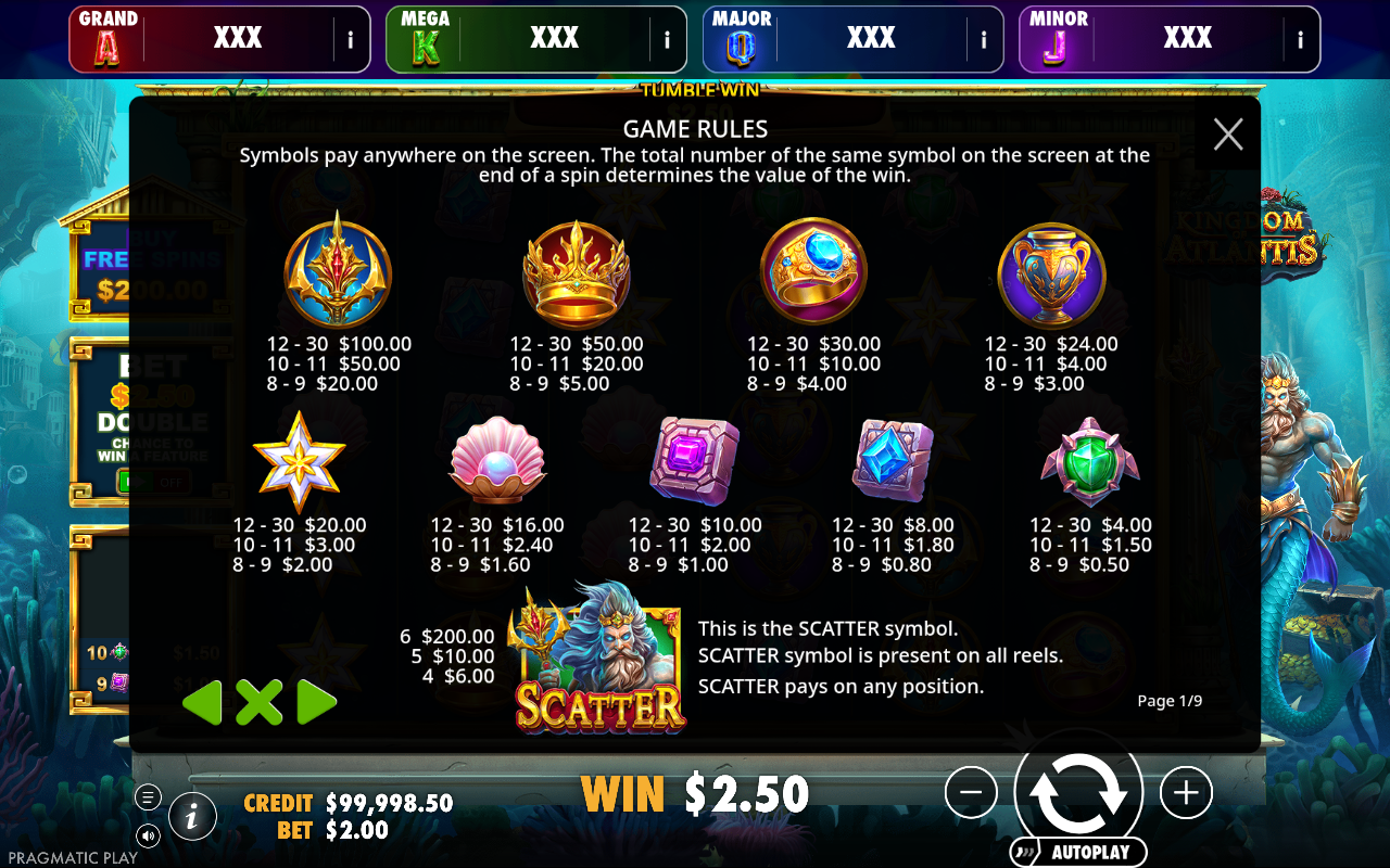 Kingdom of Atlantis Jackpot Play information screen