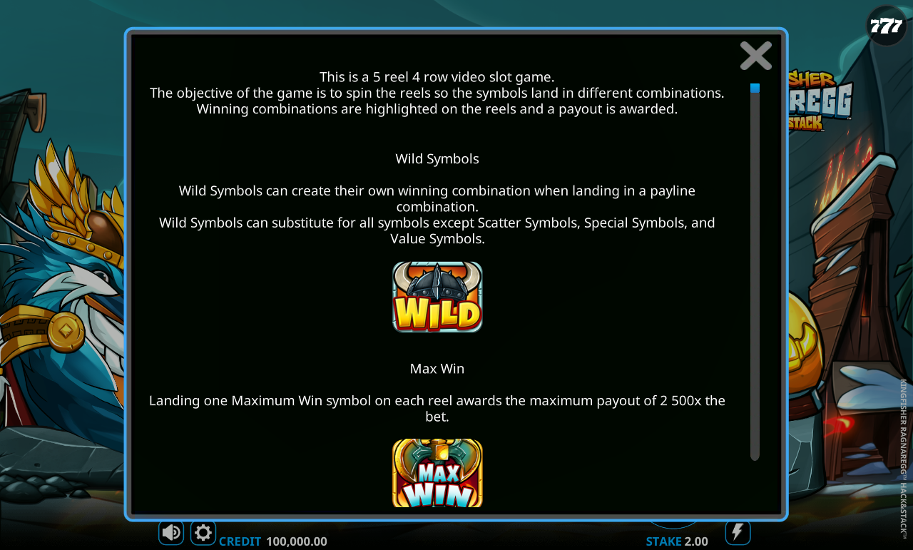 Kingfisher Ragnaregg Hack&Stack rules screen showing max win and paylines
