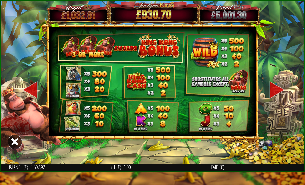 King Kong Cash Jackpot King information screen