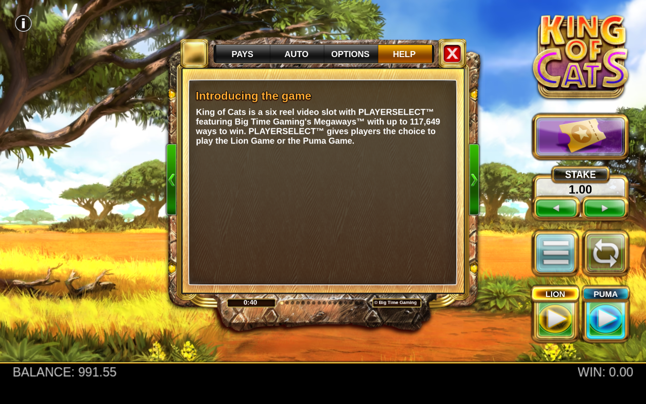 King of Cats information screen
