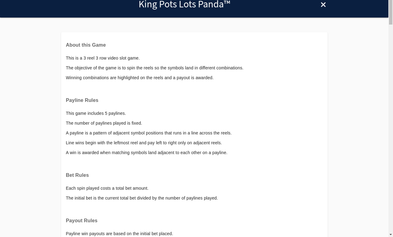 King Pots Lots Panda information screen