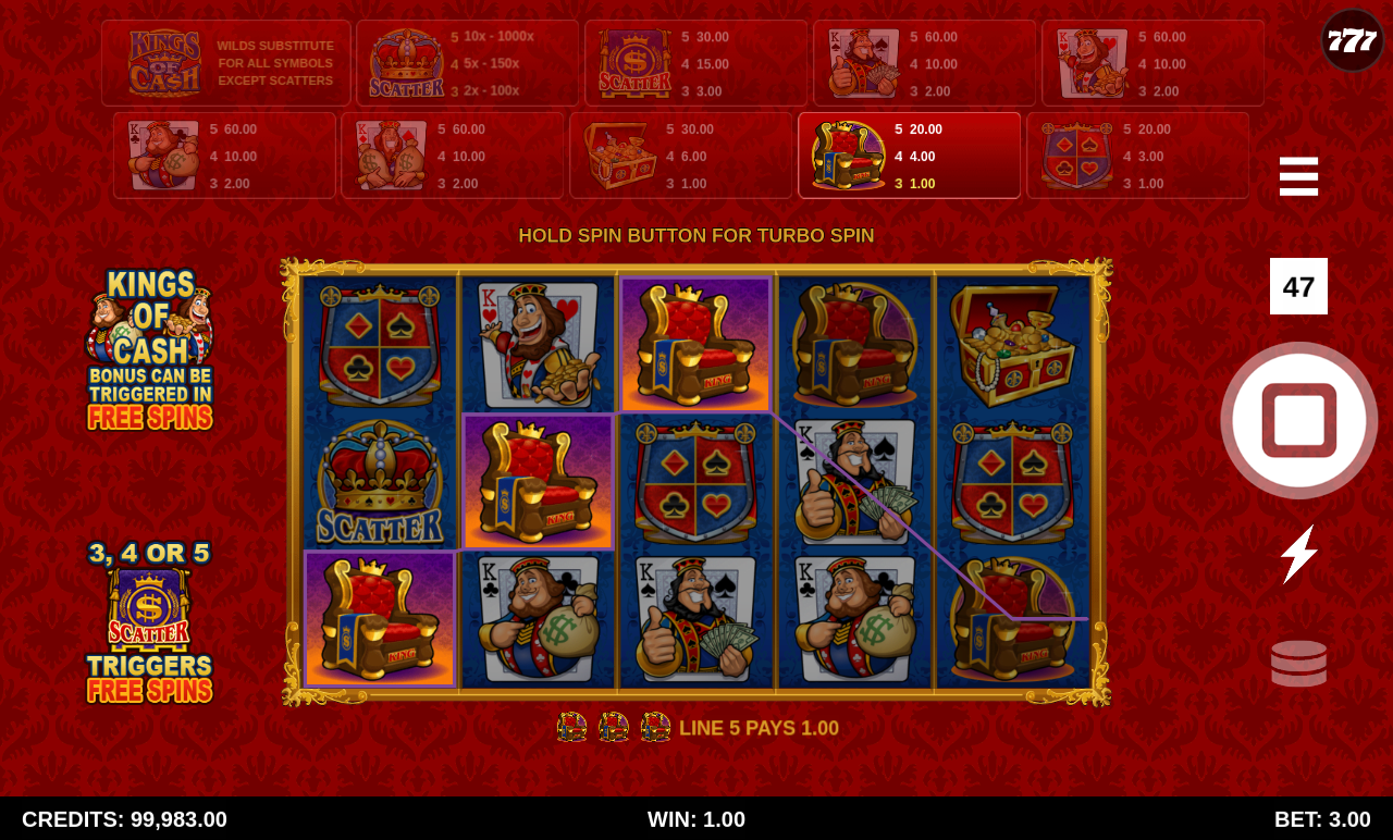 Kings of Cash gameplay with crown scatter