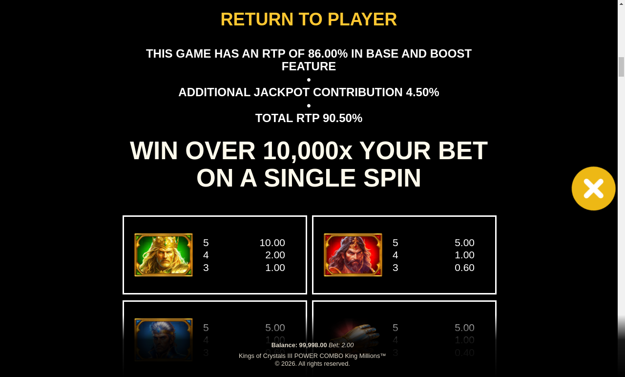 Kings of Crystals III POWER COMBO: King Millions information screen