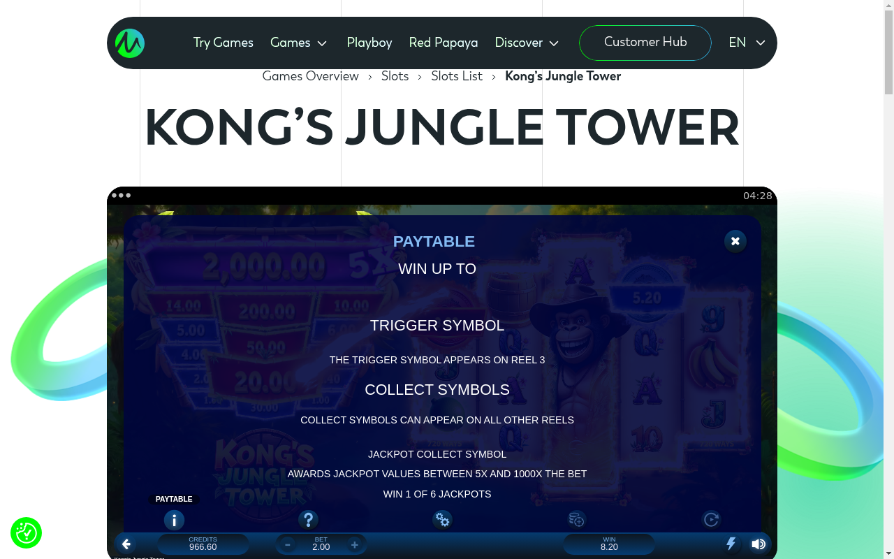 Kong's Jungle Tower information screen