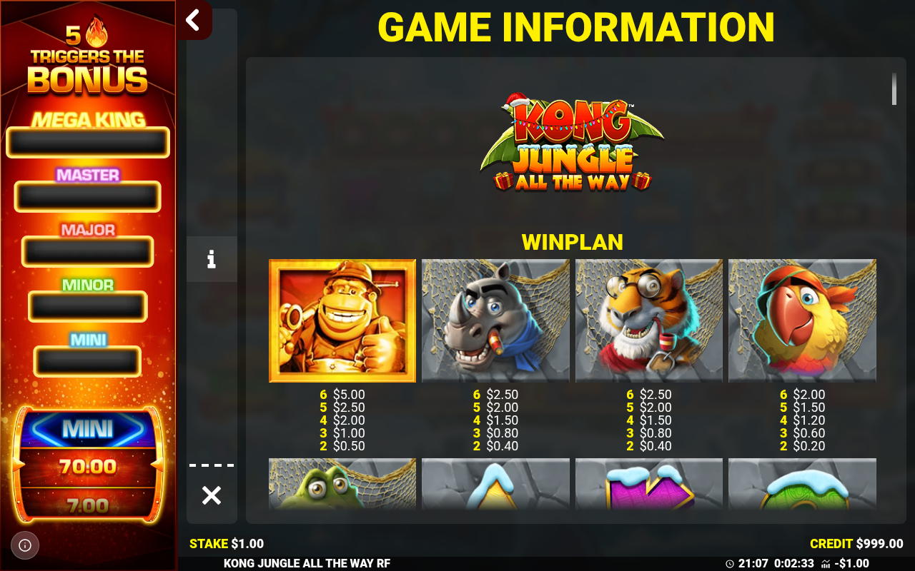 Kong Jungle All The Way information screen