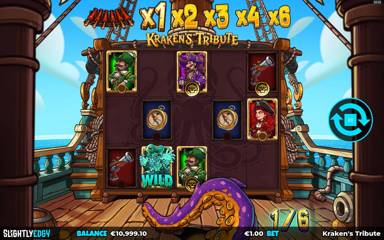Kraken's Tribute gameplay showing a Wild symbol