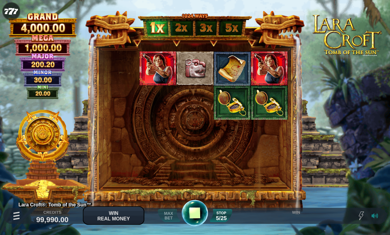 Lara Croft: Tomb of the Sun gameplay showing rising jackpot values
