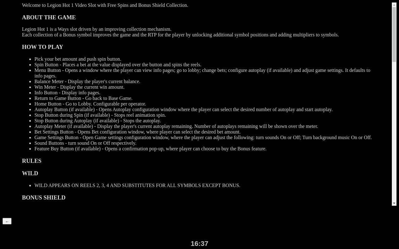 Legion Hot 1 information screen