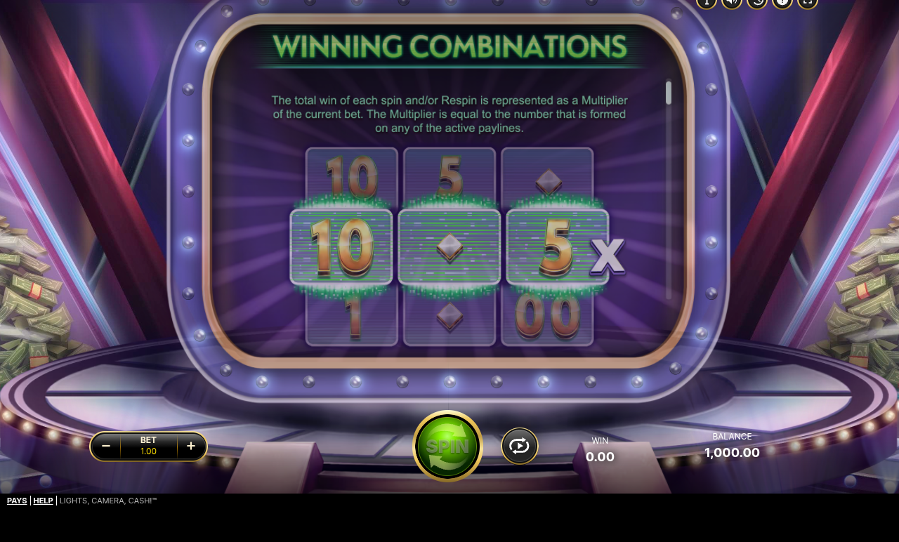 Lights, Camera, Cash! information screen