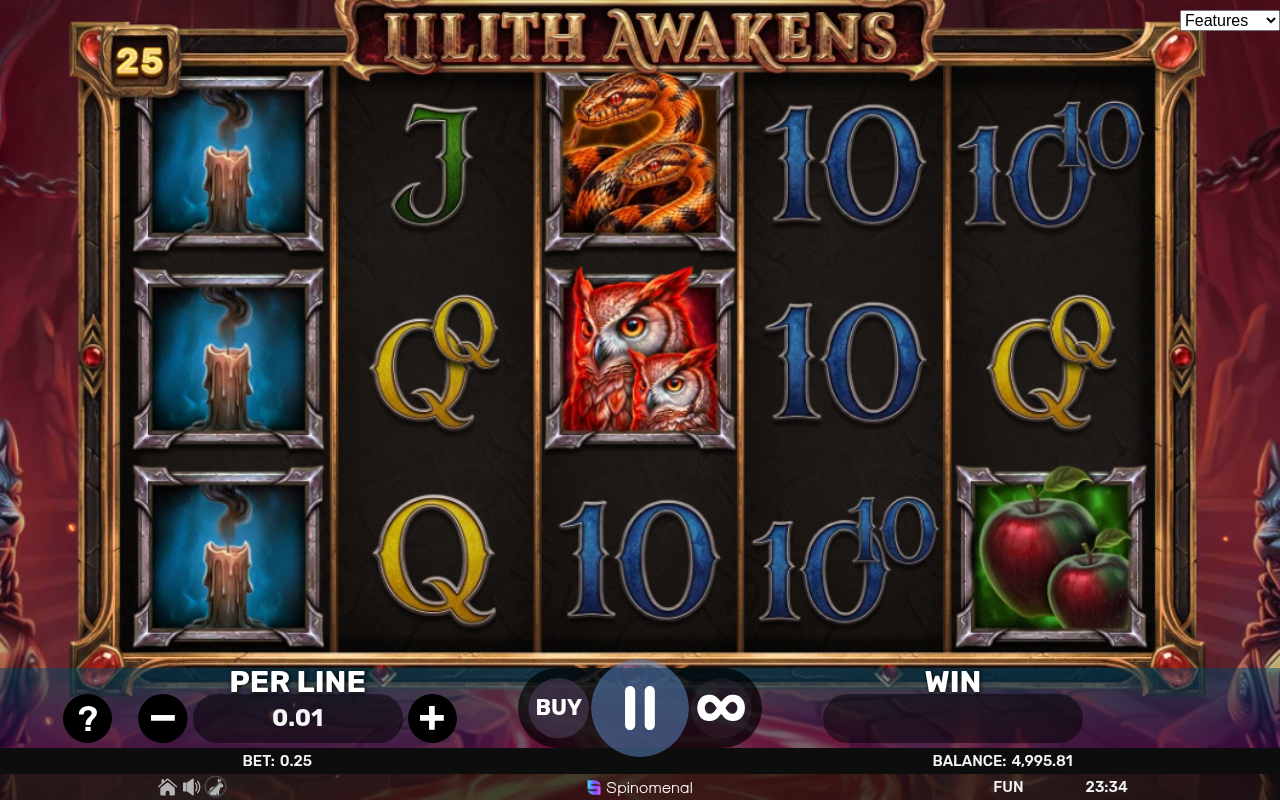 Lilith Awakens gameplay with Owl, Snake, Apple and Candle symbols
