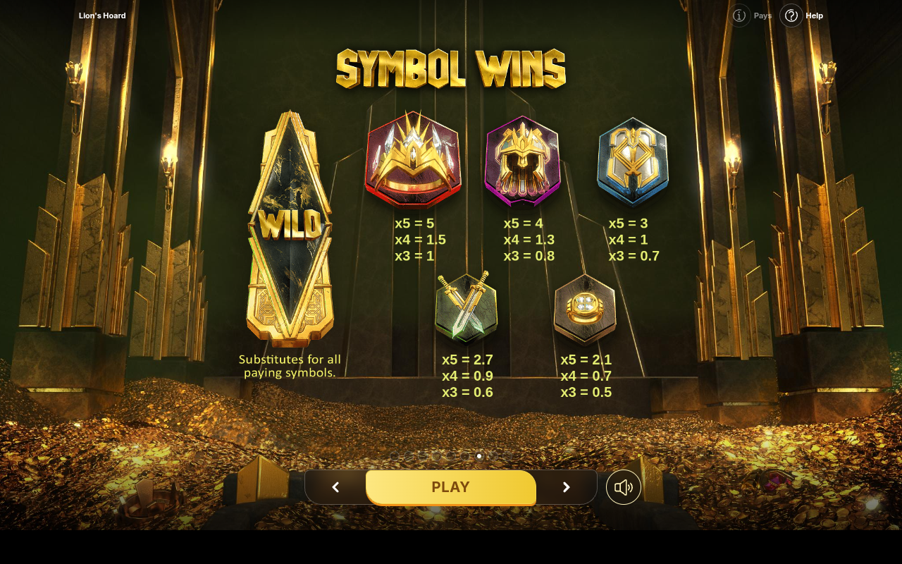 Lion's Hoard information screen showing symbol wins and the wild