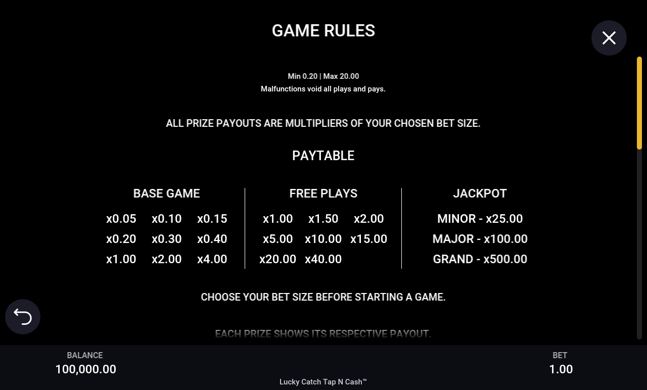 Lucky Catch Tap N Cash information screen